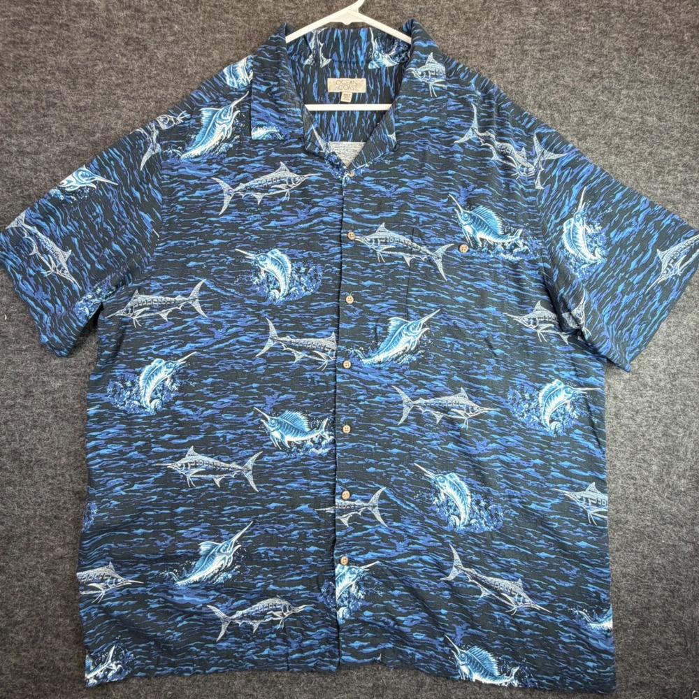 Ocean Coast Button Down Shirt Mens 3XLT Blue Marlin Swordfish Rayon Hawaiian